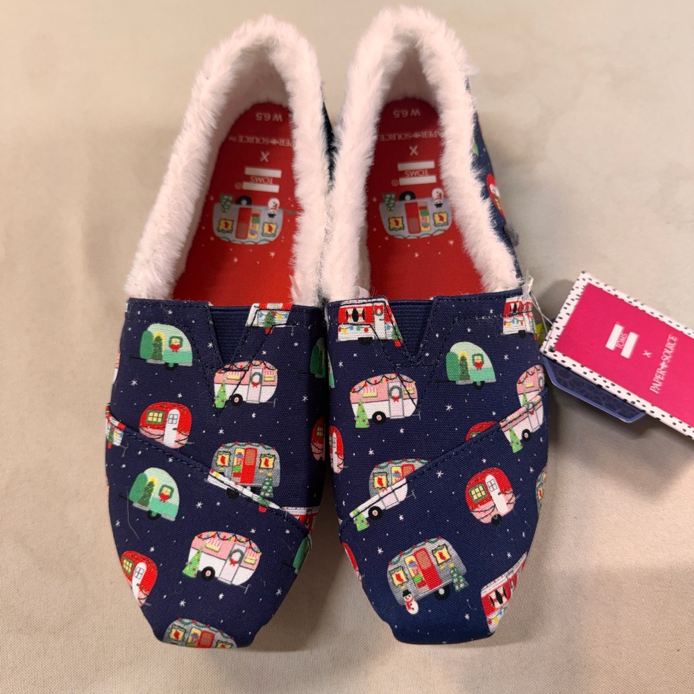 TOMS x Paper Source Navy Holiday Camper Faux Fur Alpargata Slip On Shoes NWT